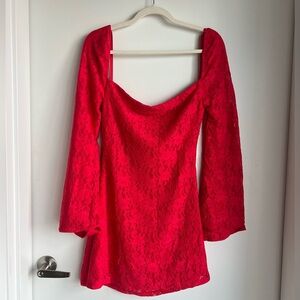 Beginning Boutique Red Lace Long-Sleeve Mini Dress